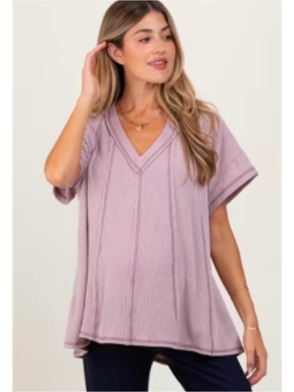 PinkBlush Mauve Stripped Ribbed V-neck Oversized Short Sleeve Maternity Top M